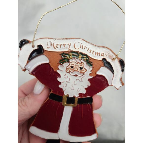 Clay Pottery Christmas Santa Ornament Glazed Red Primitive Banner - Picture 4 of 6